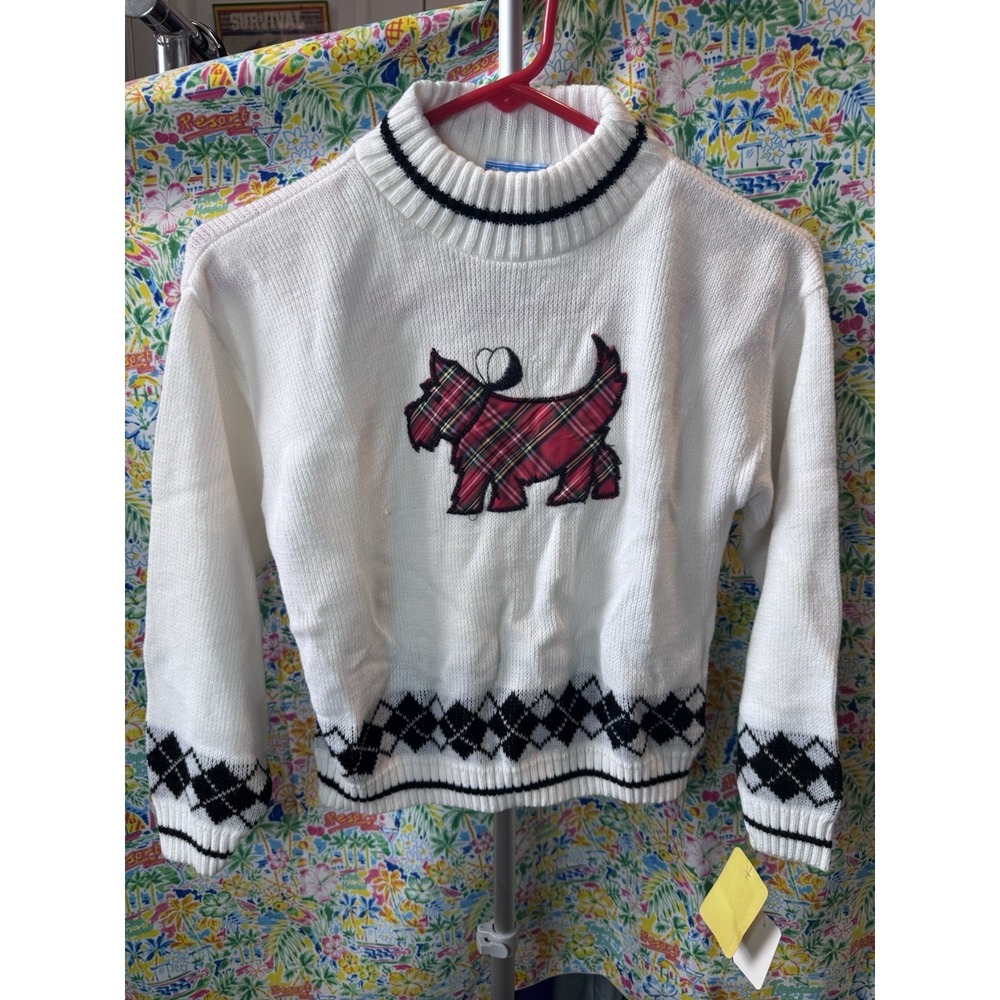 Vintage Merremont Knitwear Kids White Argyle Plaid Scottie Dog Sweater Mock Neck